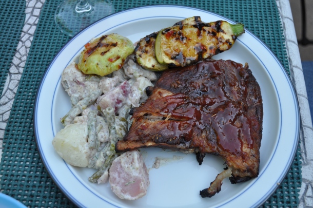 BBQ ribs with grilled squash and potato salad